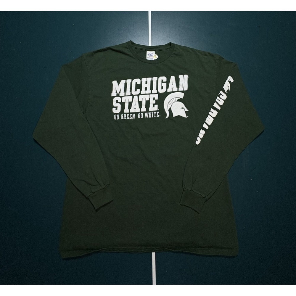 VTG Michigan State Spartans Shirt‎ Mens Large Green Long Sleeve Y2K Spell Out